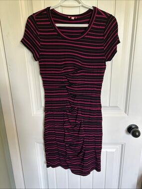 Pixley Black & Magenta Striped Ruched Midi Dress